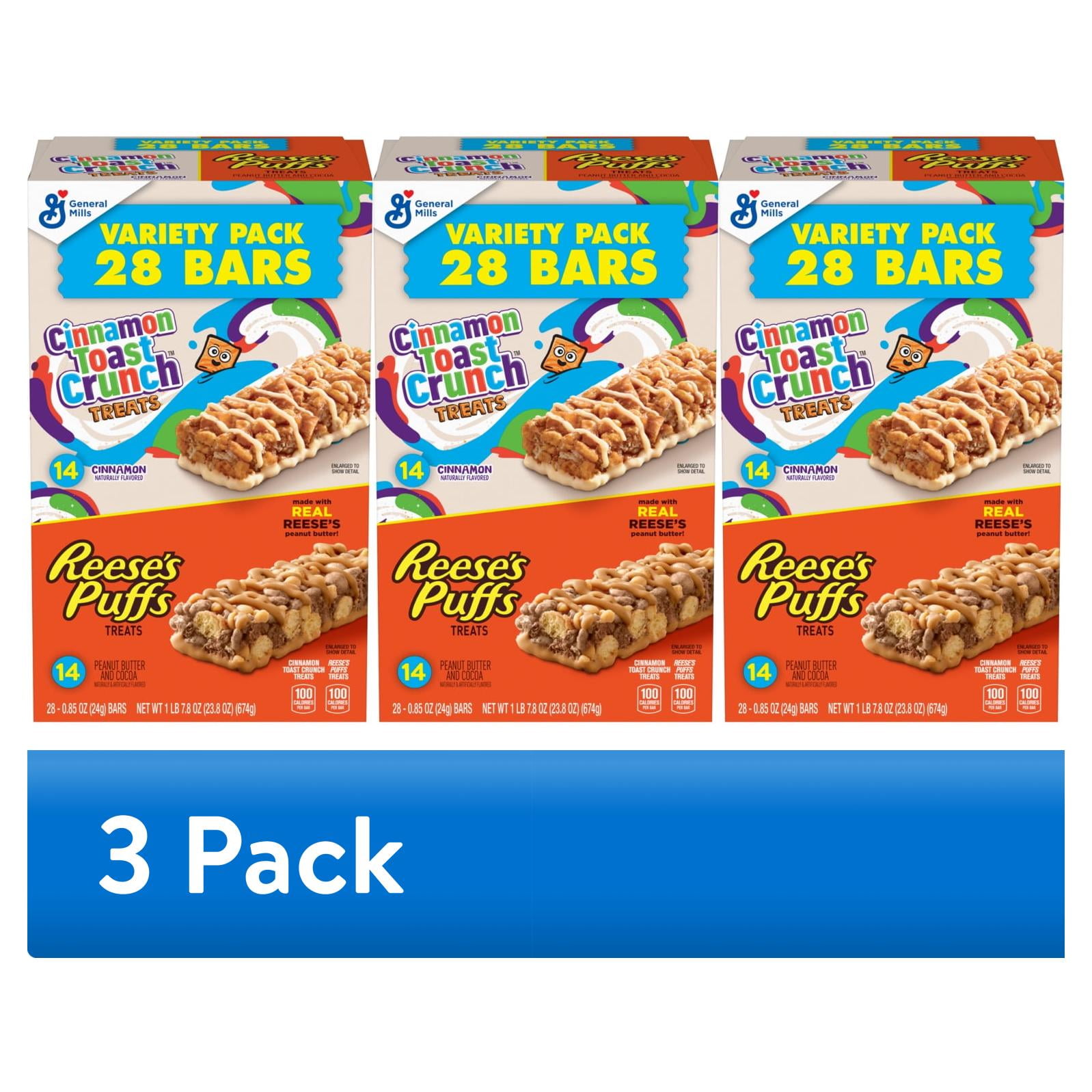 (3 pack) Cinnamon Toast Crunch and REESE'S Puffs Cereal Treat Bars, Variety Pack, 28 Ct, 23.8 oz