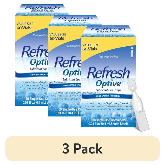 (3 pack) Refresh Optive Preservative-Free Artificial Tears Lubricant Eye Drops, 0.4 ml, 60 Count
