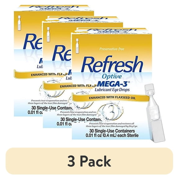 (3 pack) Refresh Optive Mega-3 Lubricant Eye Drops, Preservative-Free, with HydroCell, 30 Vials 0.01 fl oz (0.4 mL) Each