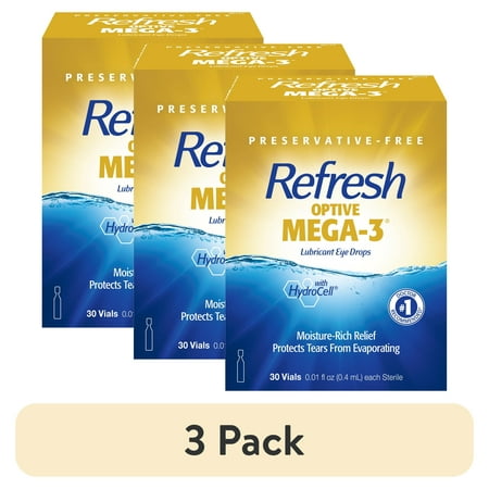 (3 pack) Refresh Optive Mega-3 Lubricant Eye Drops Preservative-Free Artificial Tears, 0.4 ml, 30 Count