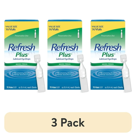(3 pack) Refresh Plus Lubricant Eye Drops Preservative-Free Artificial Tears, 0.4 ml, 70 Count