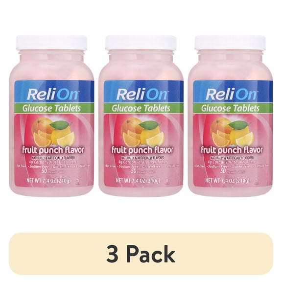 (3 pack) ReliOn Glucose Tablets Fruit Punch Flavor 50 Count Chewable Tablets