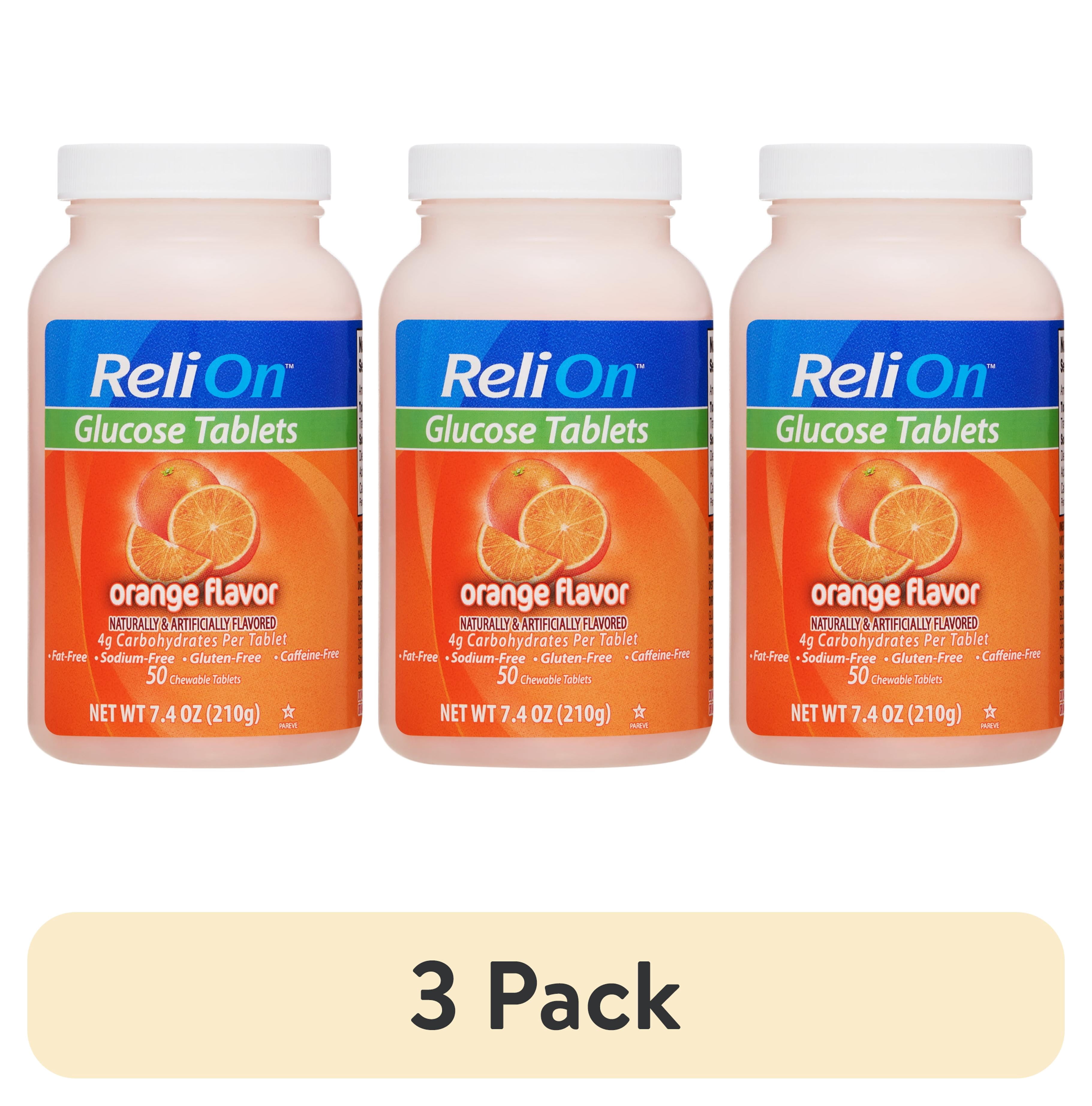 (3 pack) ReliOn Glucose Tablets, Orange Flavor, 50 Count