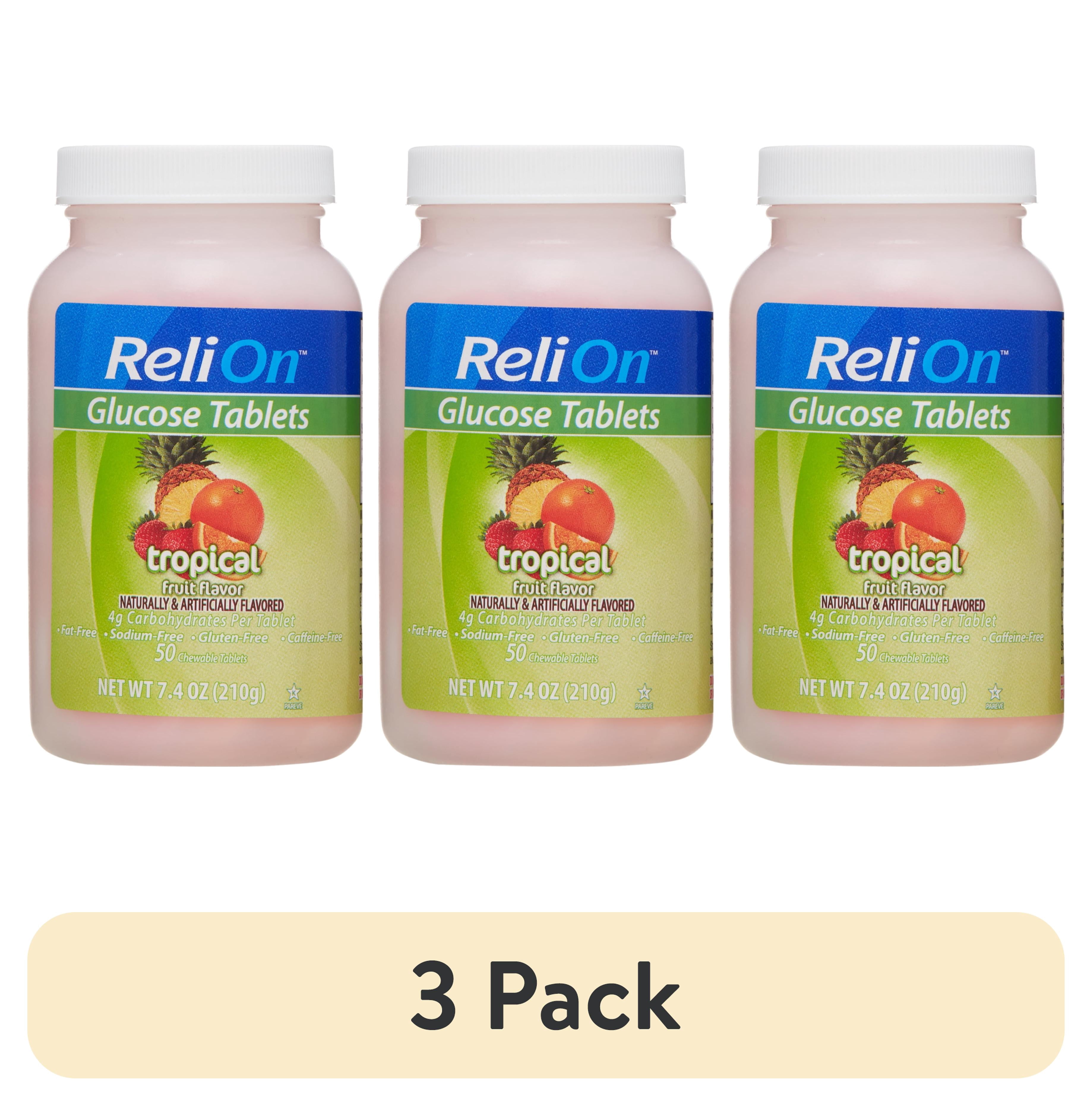 (3 pack) ReliOn Glucose Tablets, Tropical Fruit Flavor, 50 Count