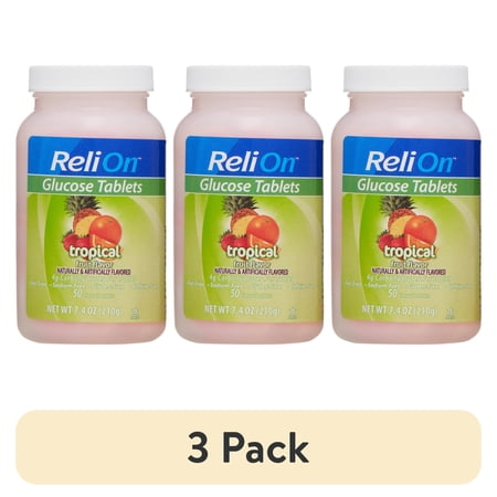 (3 pack) ReliOn Glucose Tablets, Tropical Fruit Flavor, 50 Count