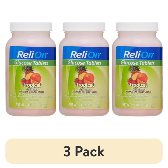 (3 pack) ReliOn Glucose Tablets, Tropical Fruit Flavor, 50 Count