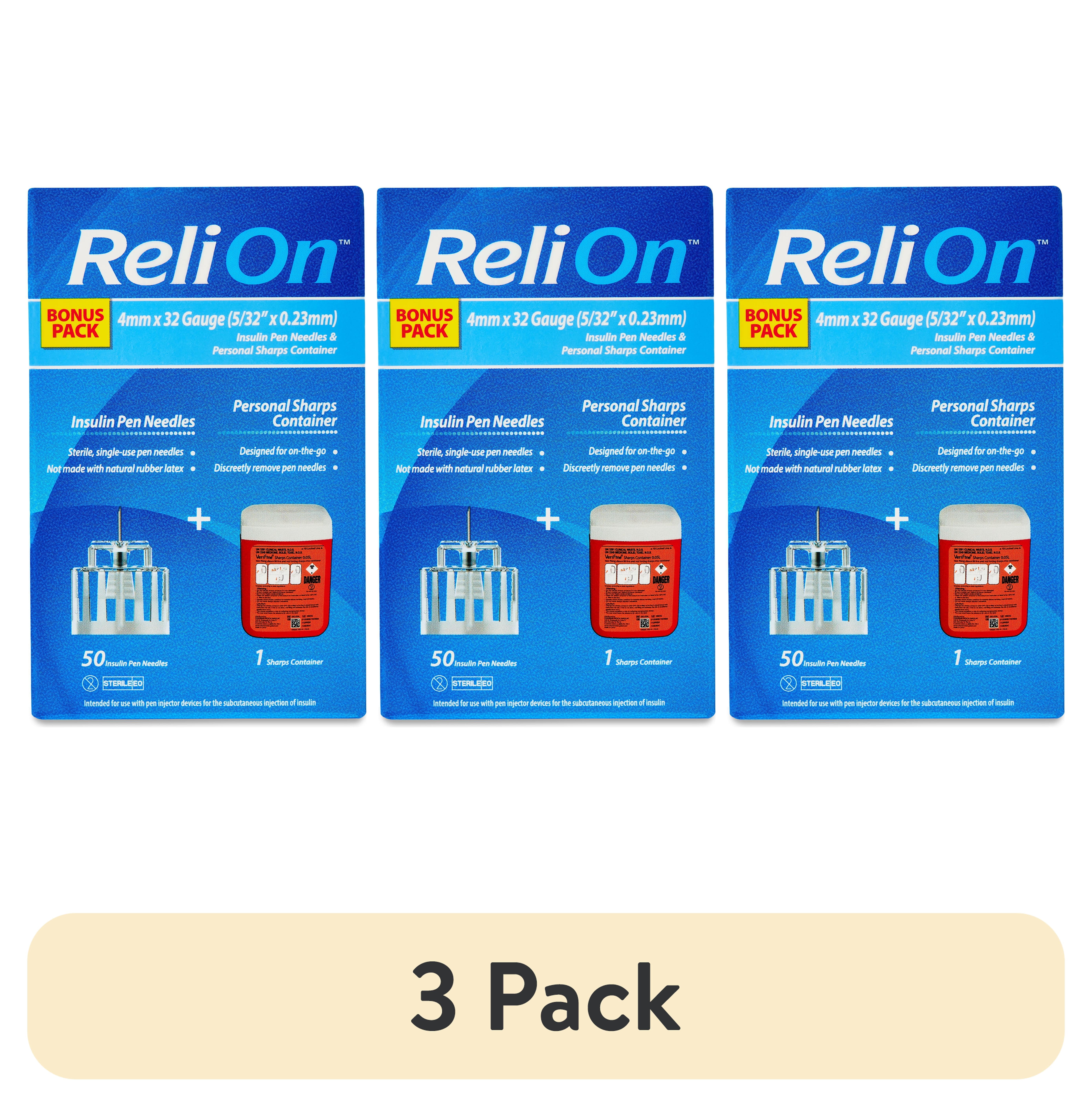 (3 pack) ReliOn Insulin Pen Needles Bonus Pack, 4 mm x 32 Gauge, 50 Count + Sharps Container