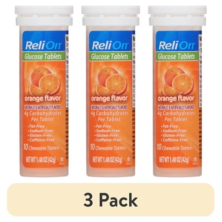 (3 pack) ReliOn Orange Glucose Tablets, 10 Count