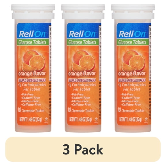 (3 pack) ReliOn Orange Glucose Tablets, 10 Count