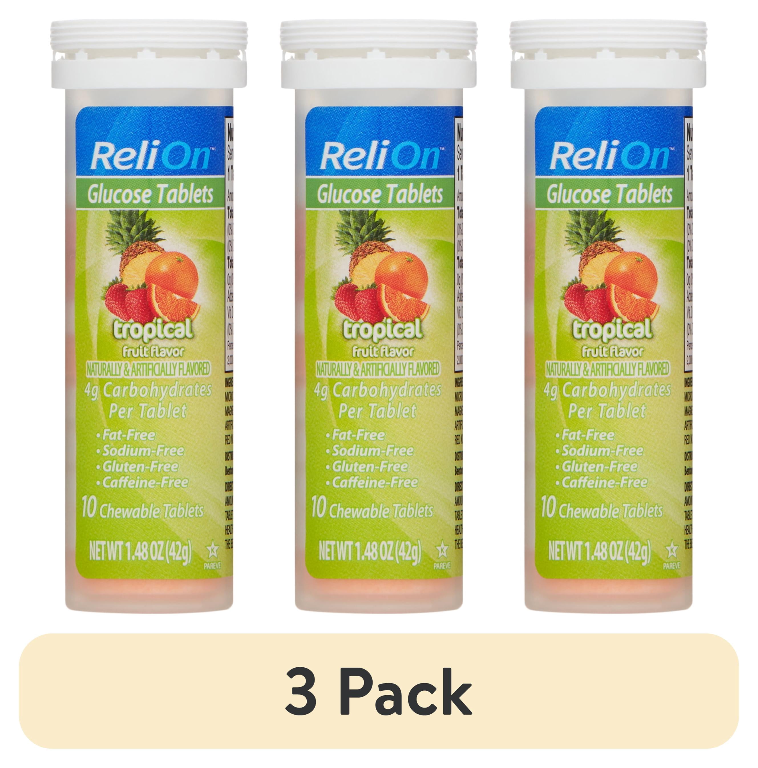 (3 pack) ReliOn Tropical Fruit Glucose Tablets, 10 Count