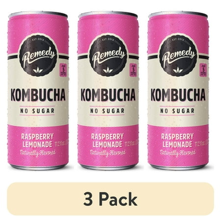 (3 pack) Remedy Kombucha Raspberry Lemonade Low Calorie Sugar Free, 11.2 oz Can