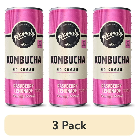 (3 pack) Remedy Kombucha Raspberry Lemonade Low Calorie Sugar Free, 11.2 oz Can