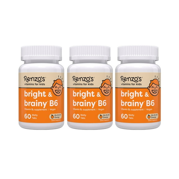 (3 pack) Renzos Bright & Brainy Vitamin B6 for Kids, Sugar-Free, Vegan Melty Tabs, 60 Count