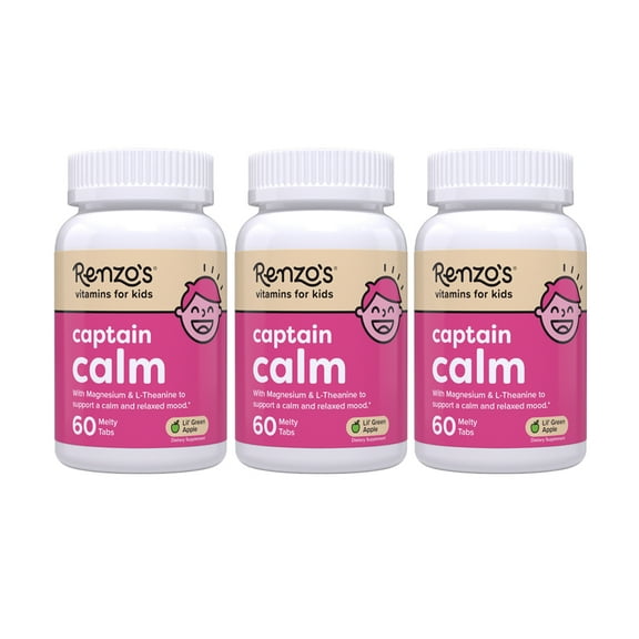 (3 pack) Renzos Captain Calm Magnesium for Kids with L-Theanine, Sugar-Free, Vegan Melty Tabs, 60 Count
