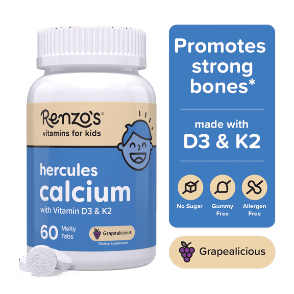 (3 pack) Renzos Hercules Calcium with Vitamin D3 & K2 for Kids, Sugar-Free, Vegan Melty Tabs, Bone Health, 60 Count