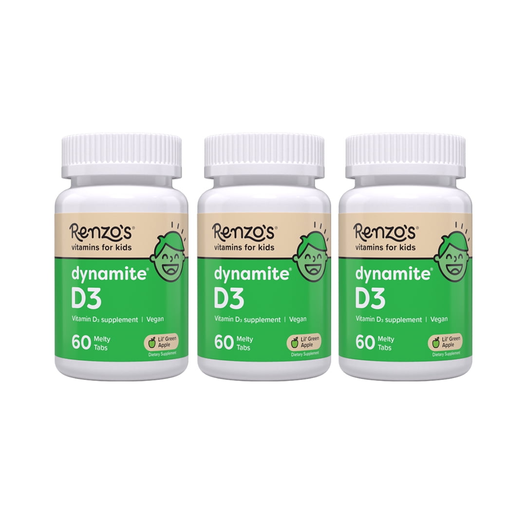 (3 pack) Renzo’s Vitamins Dynamite D3 Vitamin Melty Tabs Sugar Free and Vegan Dietary Supplements for Kids, Green Apple Flavor, 60 Count