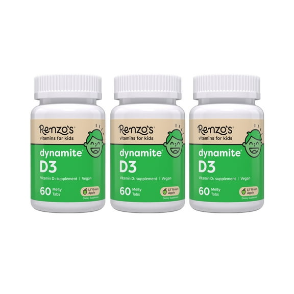 (3 pack) Renzos Vitamins Dynamite D3 Vitamin Melty Tabs Sugar Free and Vegan Dietary Supplements for Kids, Green Apple Flavor, 60 Count