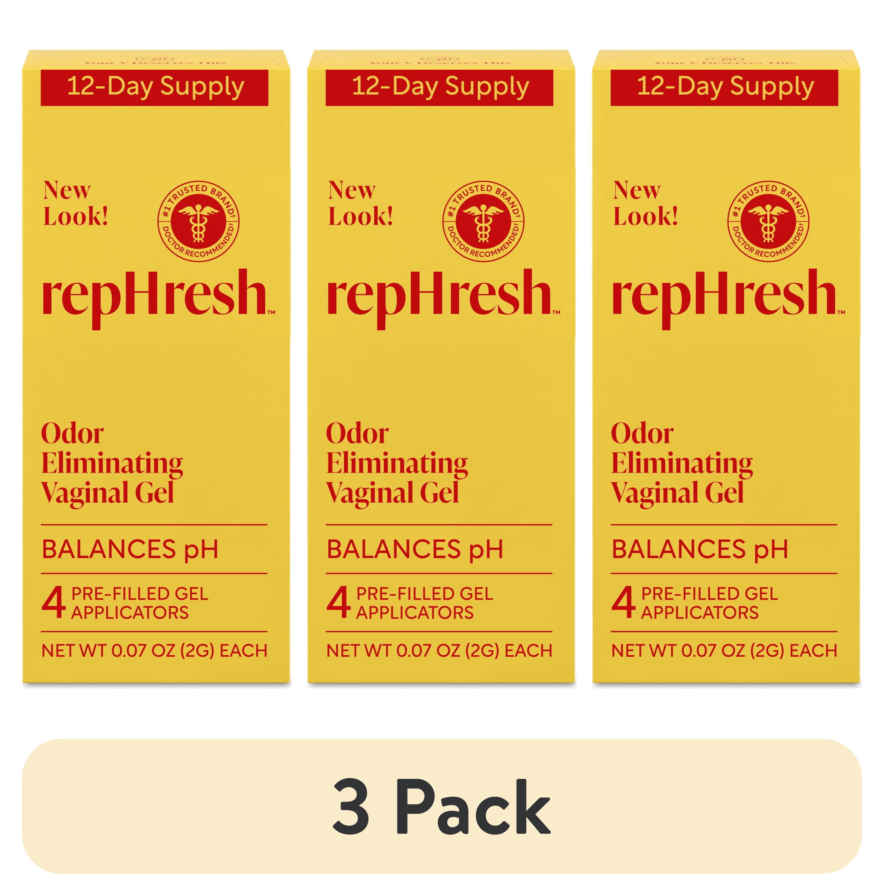 (3 pack) RepHresh Odor Eliminating Vaginal Gel, Fragrance Free, pH Balanced, Odor Control for Up to 3 Days, 4 Pre-Filled Applicators