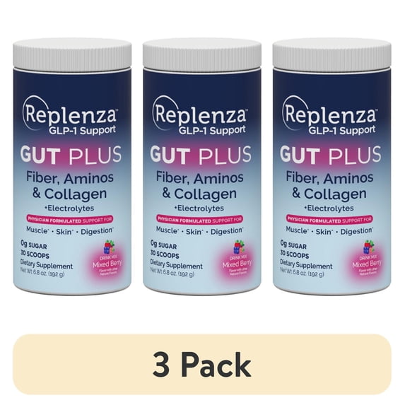 (3 pack) Replenza GLP-1 Support, Gut Plus, Supports Muscle Recovery, Digestive Health, Mixed Berry, 15 Servings