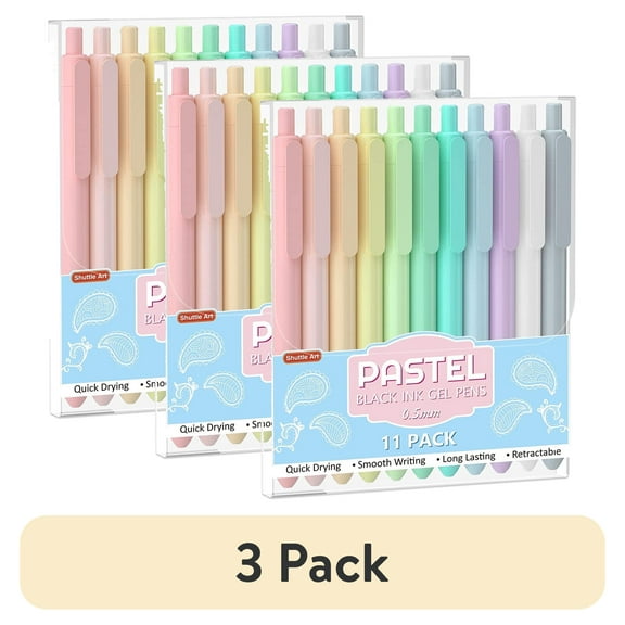 (3 pack) Retractable Pastel Gel Ink Pens, Shuttle Art 11 Pack Black Ink Pens, Cute Pens 0.5mm Fine Point for Writing Journaling Taking Notes