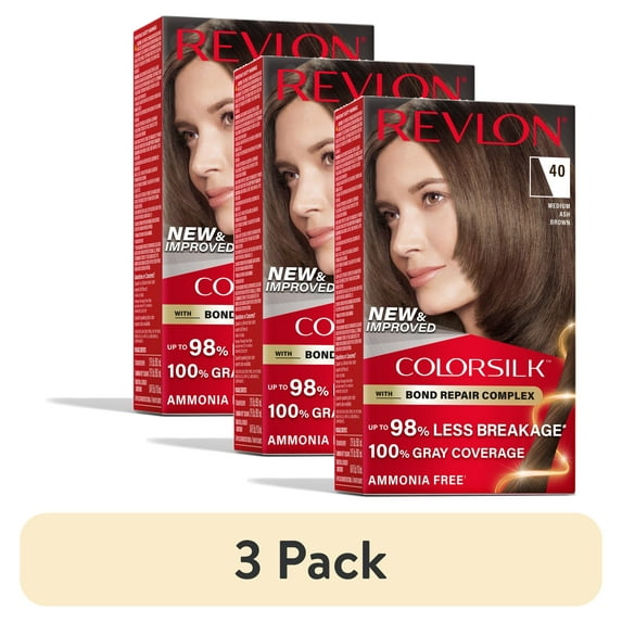 (3 pack) Revlon ColorSilk Permanent Hair Color, Bond Repair Complex, 40 Medium Ash Brown, 1 pack