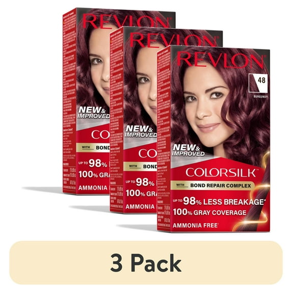 (3 pack) Revlon ColorSilk Permanent Hair Color, Bond Repair Complex, 48 Burgundy, 1 pack