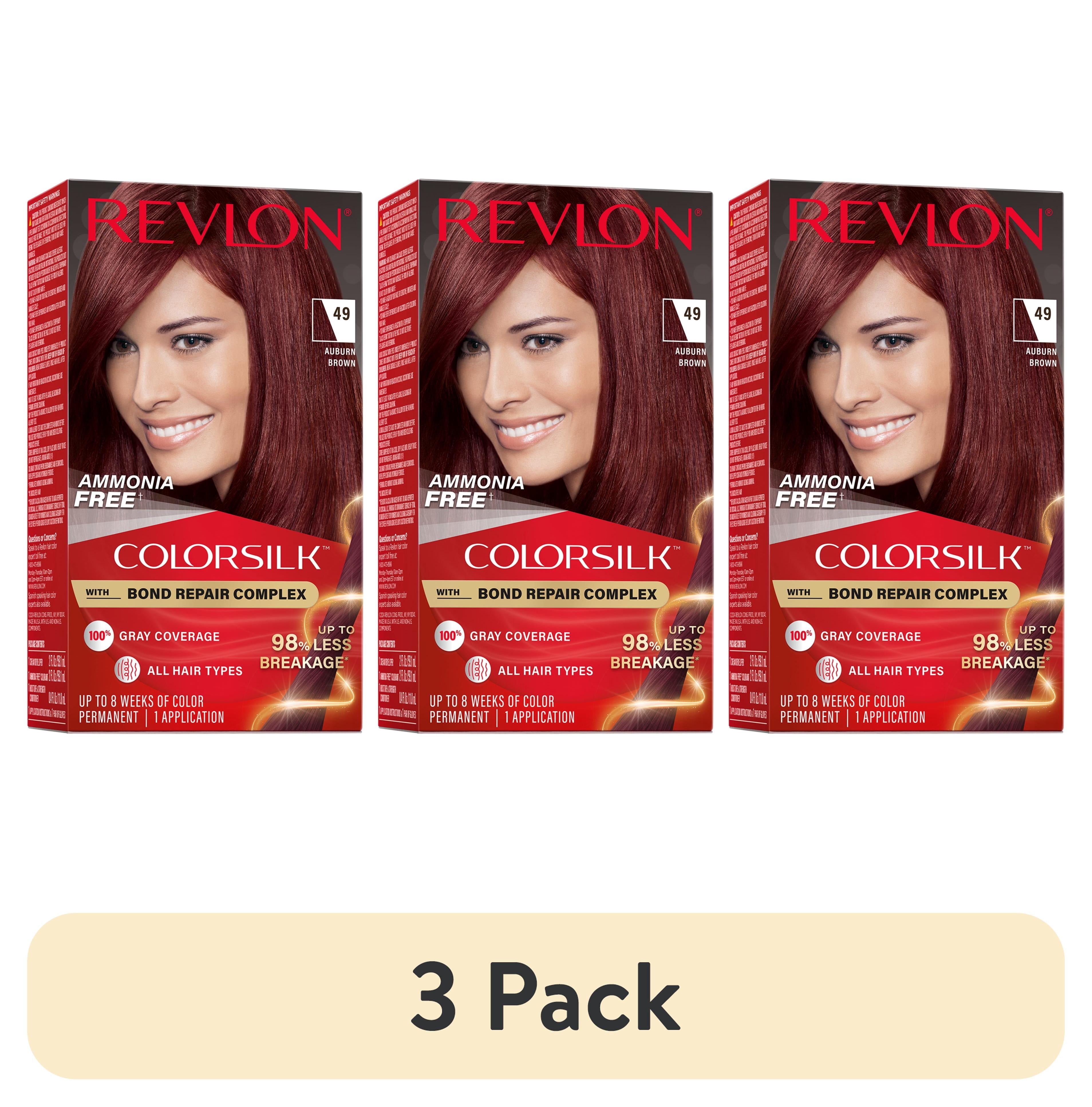 (3 pack) Revlon ColorSilk Permanent Hair Color, Bond Repair Complex, 49 Auburn Brown, 1 pack
