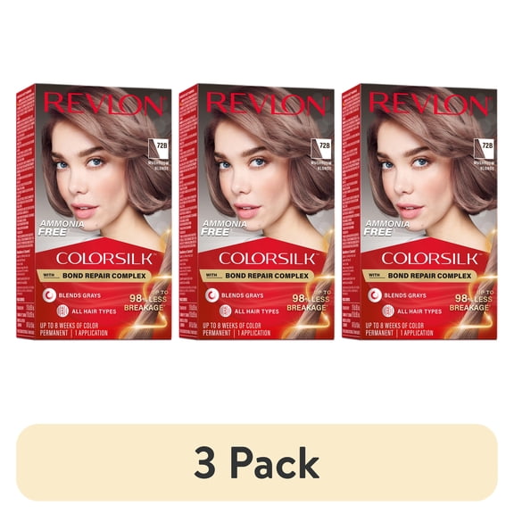 (3 pack) Revlon ColorSilk Permanent Hair Color, Bond Repair Complex, 72B Mushroom Blonde, 1 pack