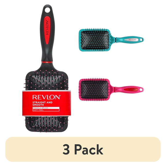 (3 pack) Revlon Paddle Hair Brush with Nylon Bristles, Black