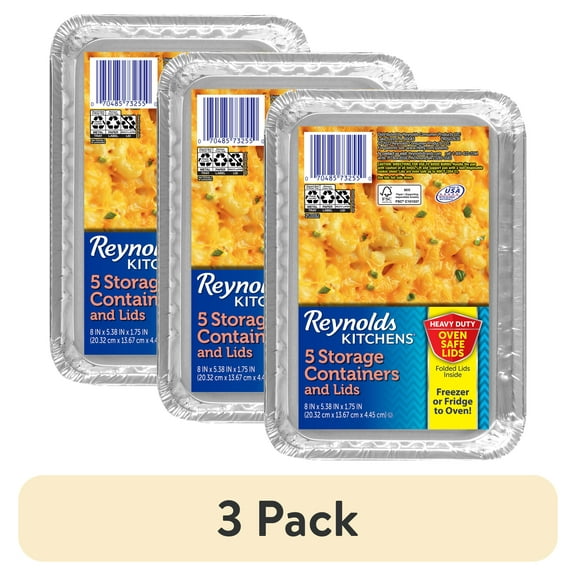 (3 pack) Reynolds Kitchens Aluminum Food Storage Containers with Oven-Safe Lids, 8 x 5.38 Inch, 5 Count