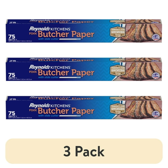 (3 pack) Reynolds Kitchens Butcher Paper for Smoking Meat with Slide Cutter, Pink, 75 square feet