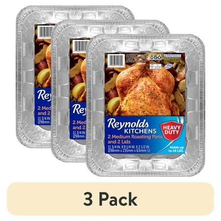 (3 pack) Reynolds Kitchens Heavy Duty Disposable Aluminum Roasting Pans with Lids, 11.75x9.25x2.5 in, 2 Count