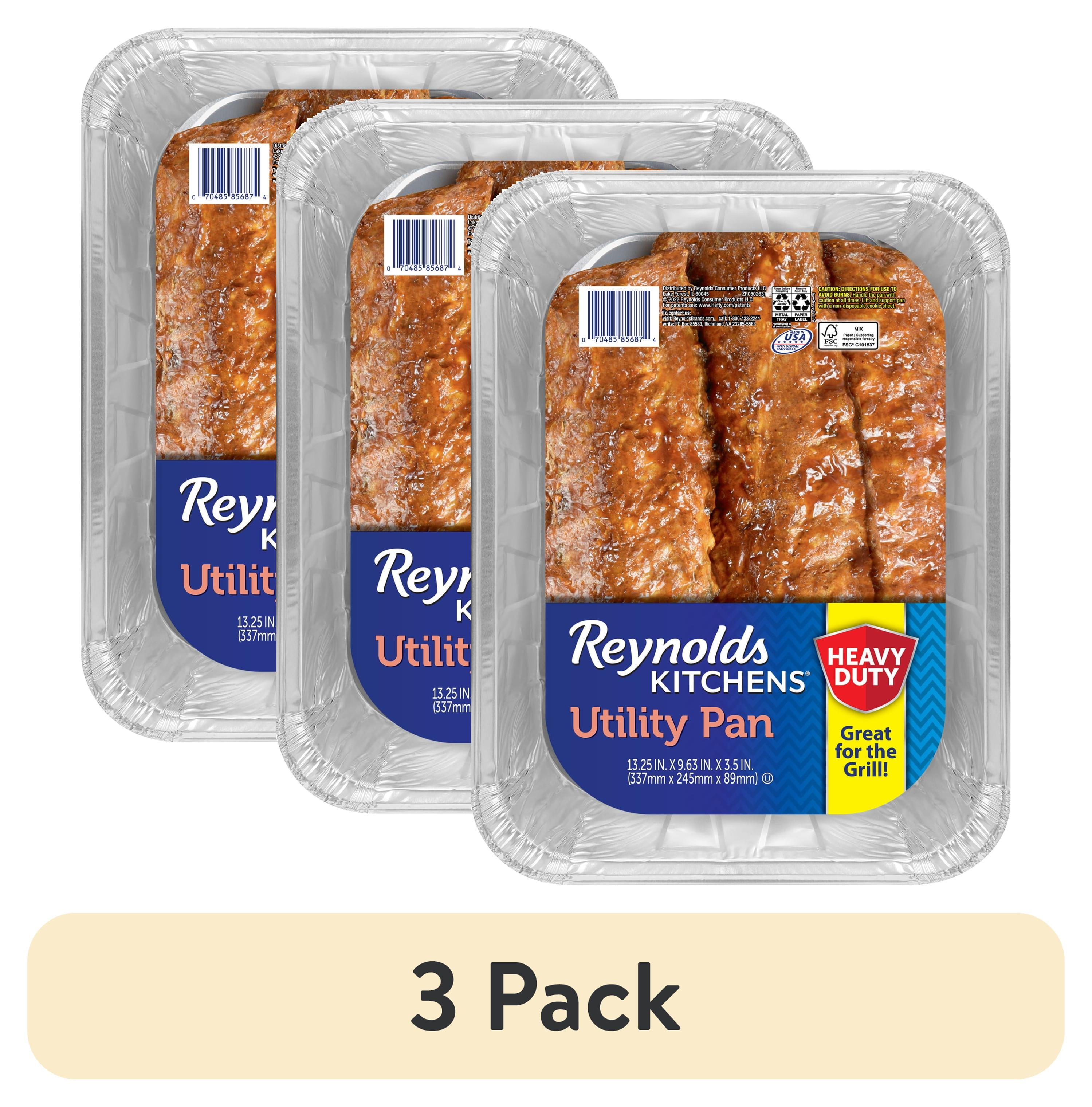 (3 pack) Reynolds Kitchens Heavy Duty Extra Deep Disposable Utility Pan for Grilling, 13.25 x 9.63 x 3.5 in., 1 Count