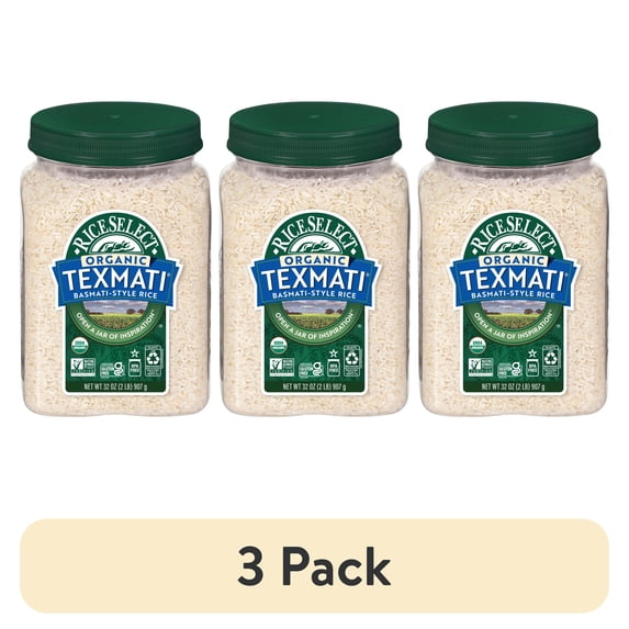 (3 pack) RiceSelect Organic Texmati White Rice, American-Style Basmati Rice, 2 lb Jar