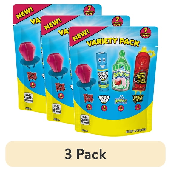 (3 pack) RingPop, PushPop, BabyBottlePop, JuicyDropPop, Assorted Flavored Candy, Variety Pack, 4.7 oz, 7 Pieces
