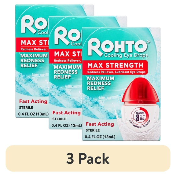 (3 pack) Rohto Maximum Strength Redness Reliever and Lubricant Eye Drops, 0.4 fl oz