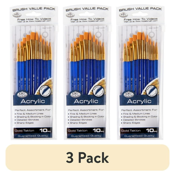 (3 pack) Royal & Langnickel - 10pc Super Value Golden Taklon Acrylic Artist Brush Set, Shaders and Rounds