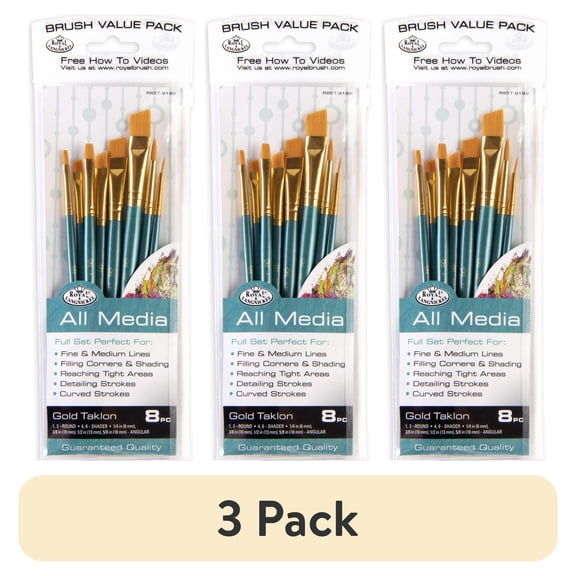 (3 pack) Royal & Langnickel 8 pc Golden Taklon Variety Brush Set