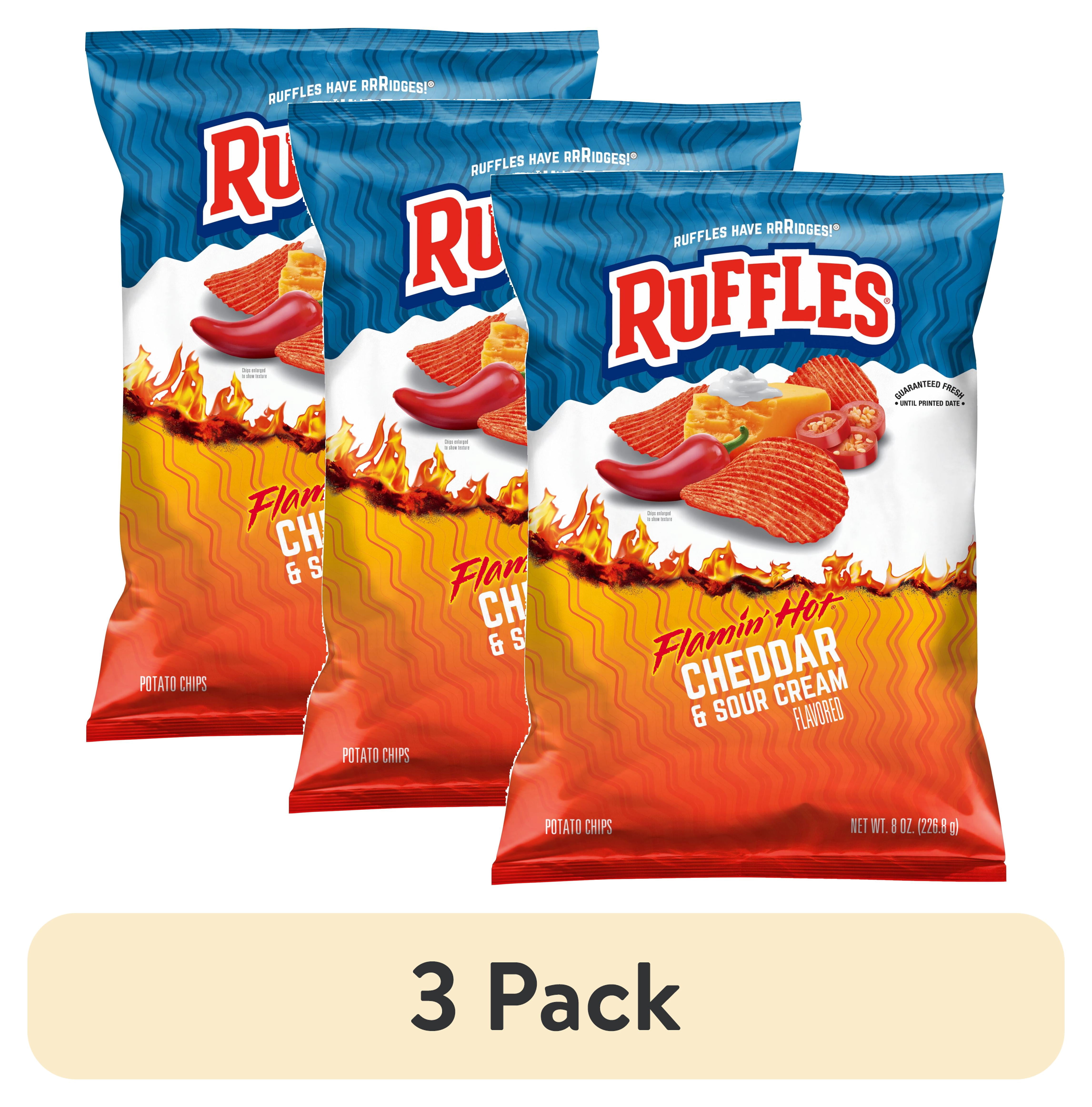 (3 pack) Ruffles Flamin' Hot Cheddar and Sour Cream Flavored Potato Snack Chips, 8 Ounce Bag