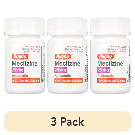 (3 pack) Rugby Meclizine 25 mg - 100 Chewable Tablets
