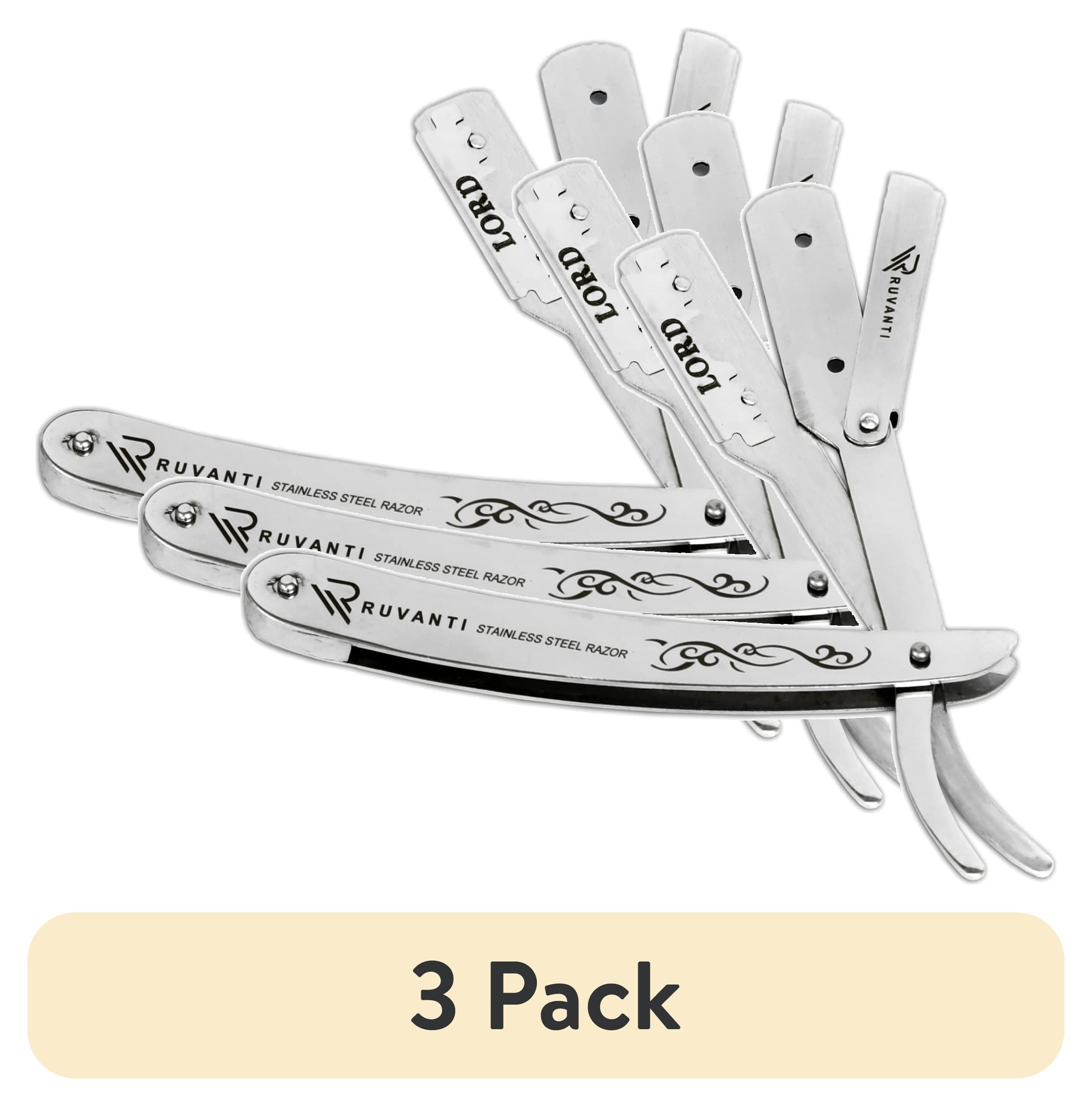 (3 pack) Ruvanti Straight Edge Razor for Professional Barbers, Best for Salon and Home Use - for Men's Shave (Silver)