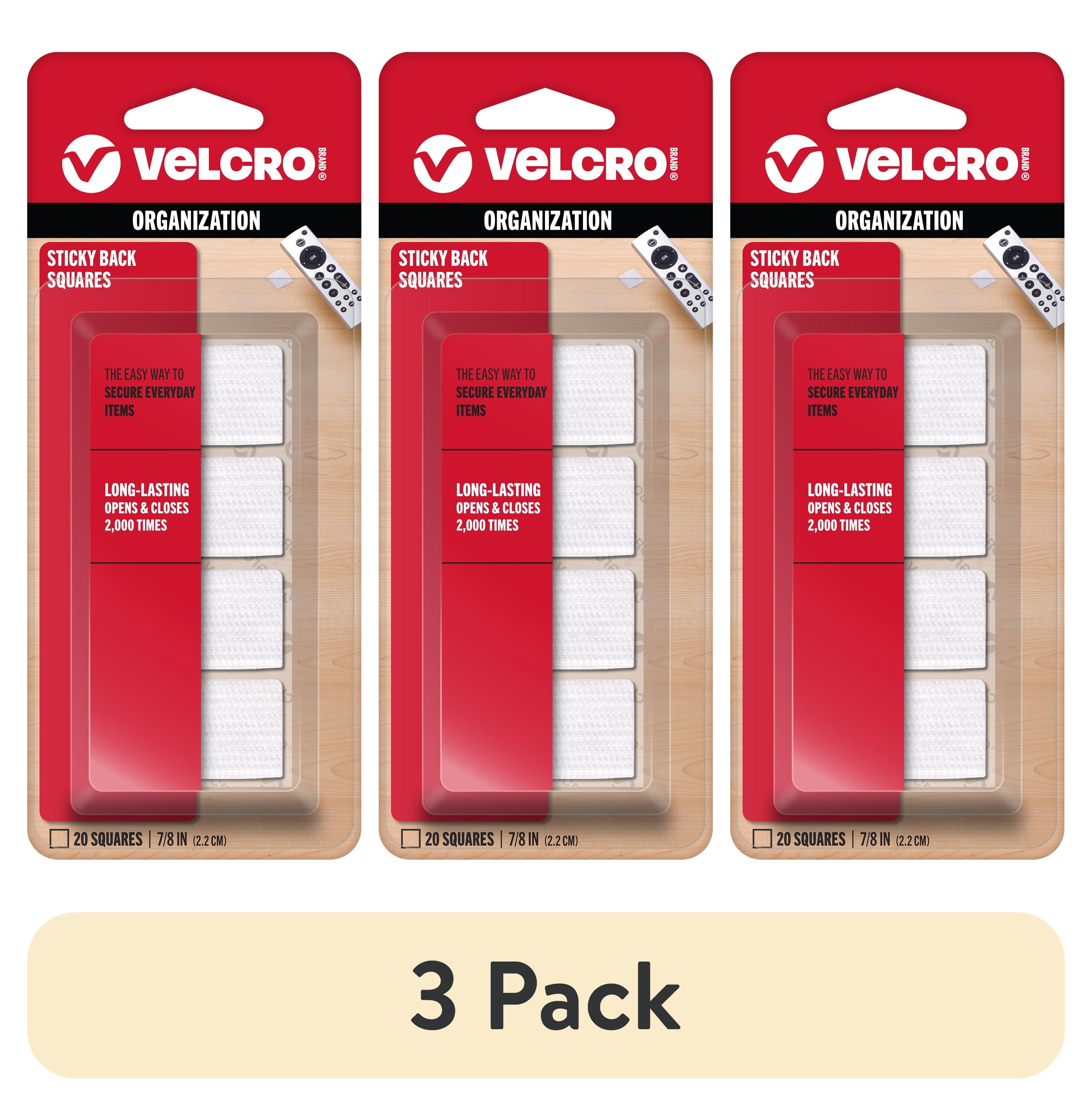 (3 pack) VELCRO Brand Sticky Back Mounting Squares, Adhesive Sticky Back Hook and Loop Fasteners for Home, Office or Crafting, Strong Secure Hold, Pack of 20, 7/8" White Squares