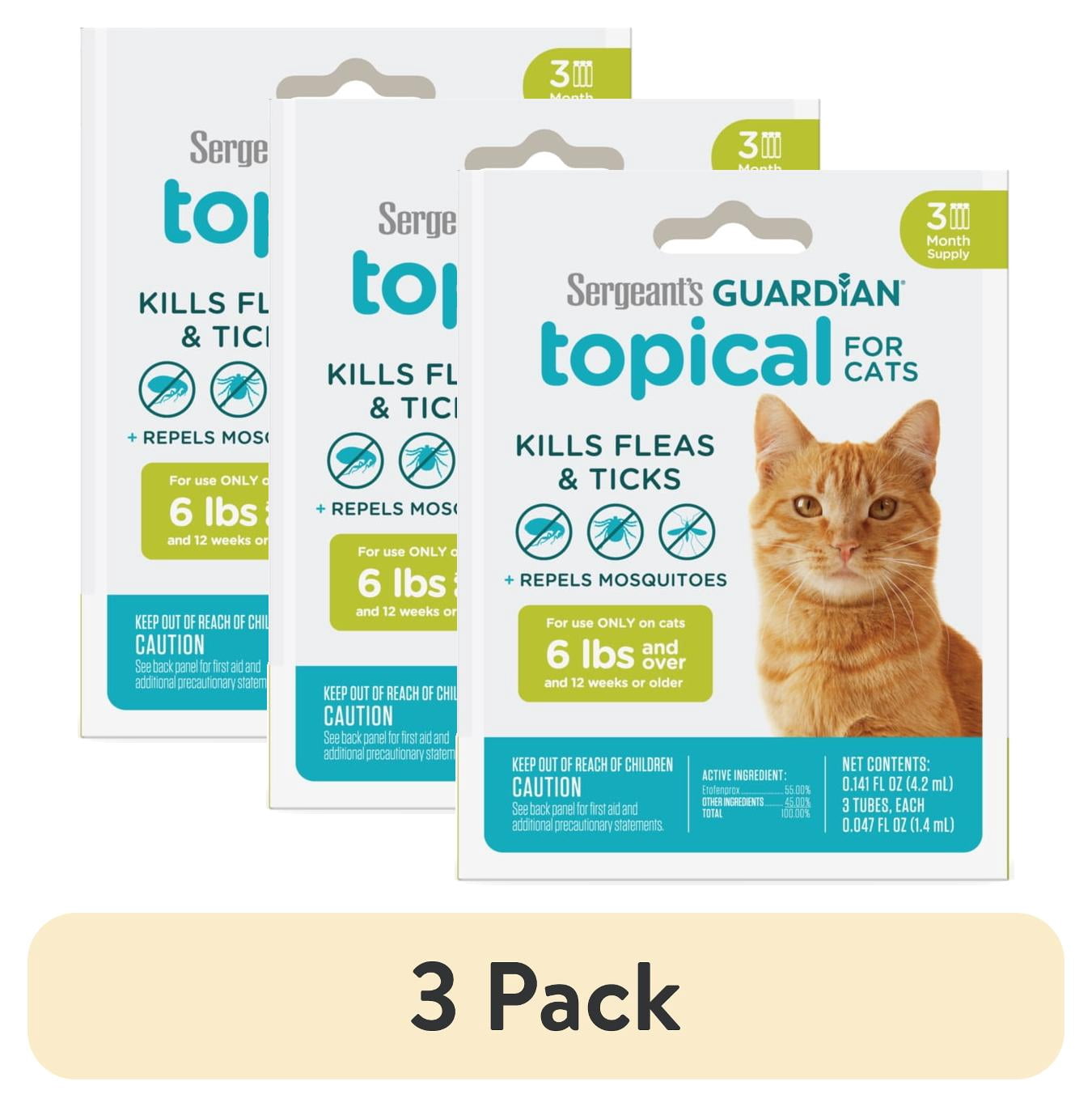 (3 pack) SERGEANT'S GUARDIAN Flea & Tick Topical for Cats, 6 lbs and Over, 3 Count