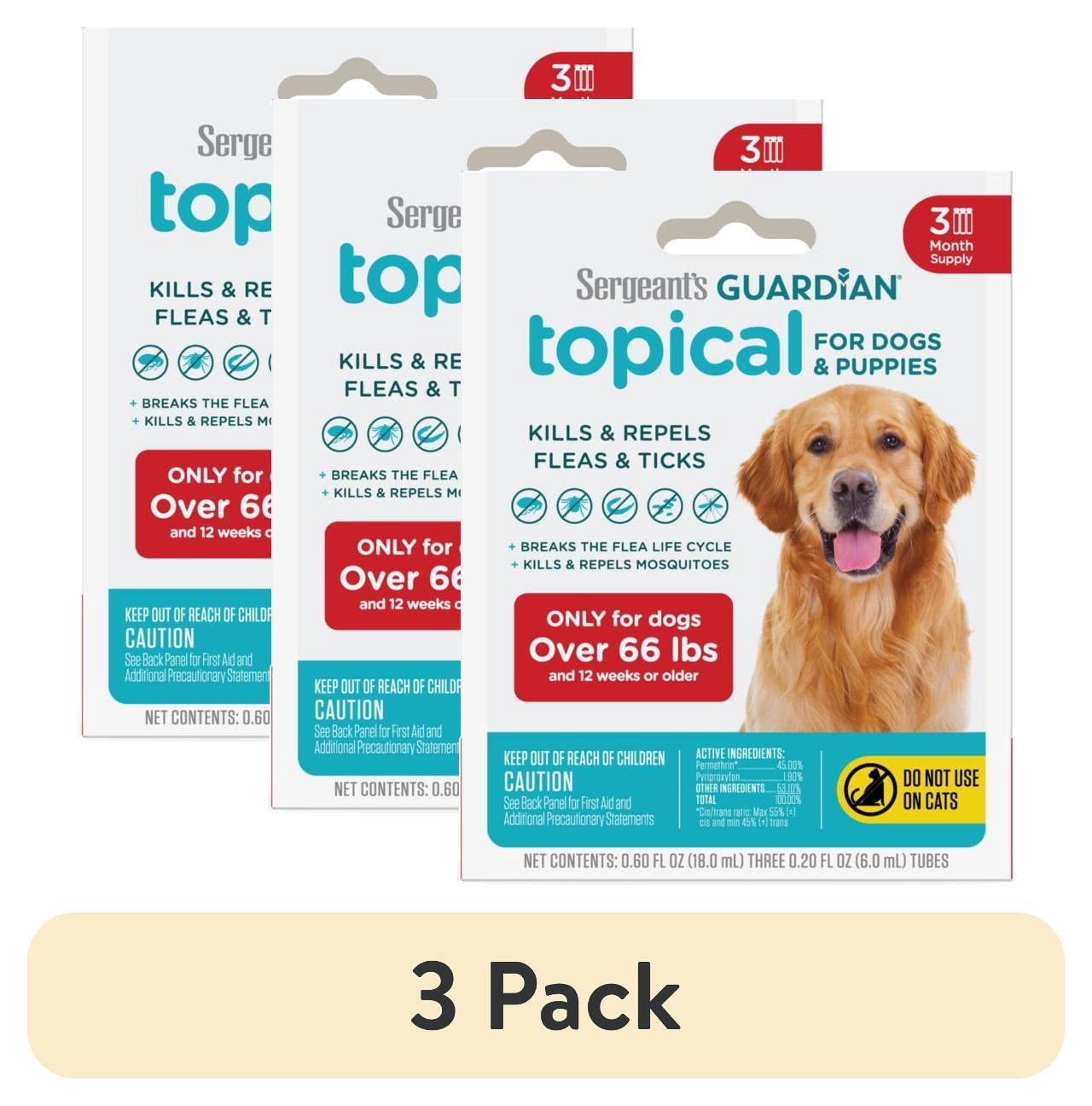 (3 pack) SERGEANT'S GUARDIAN Flea & Tick Topical for Dogs, 66 lbs and over, kills fleas and ticks, plus repels mosquitoes for up to four weeks.