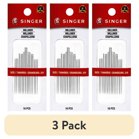 (3 pack) SINGER Milliner Steel Hand-Sewing Needles, Sizes 3/9, 16 Pieces