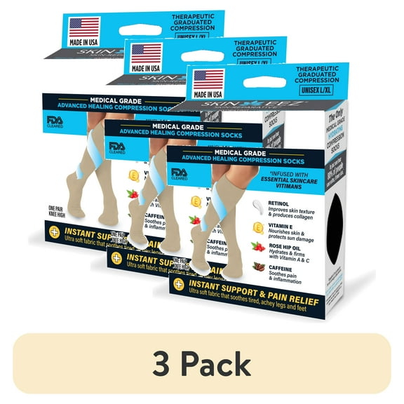 (3 pack) Skineez Hydrating Compression Socks 10-20mmHg, size L/XL, Tan