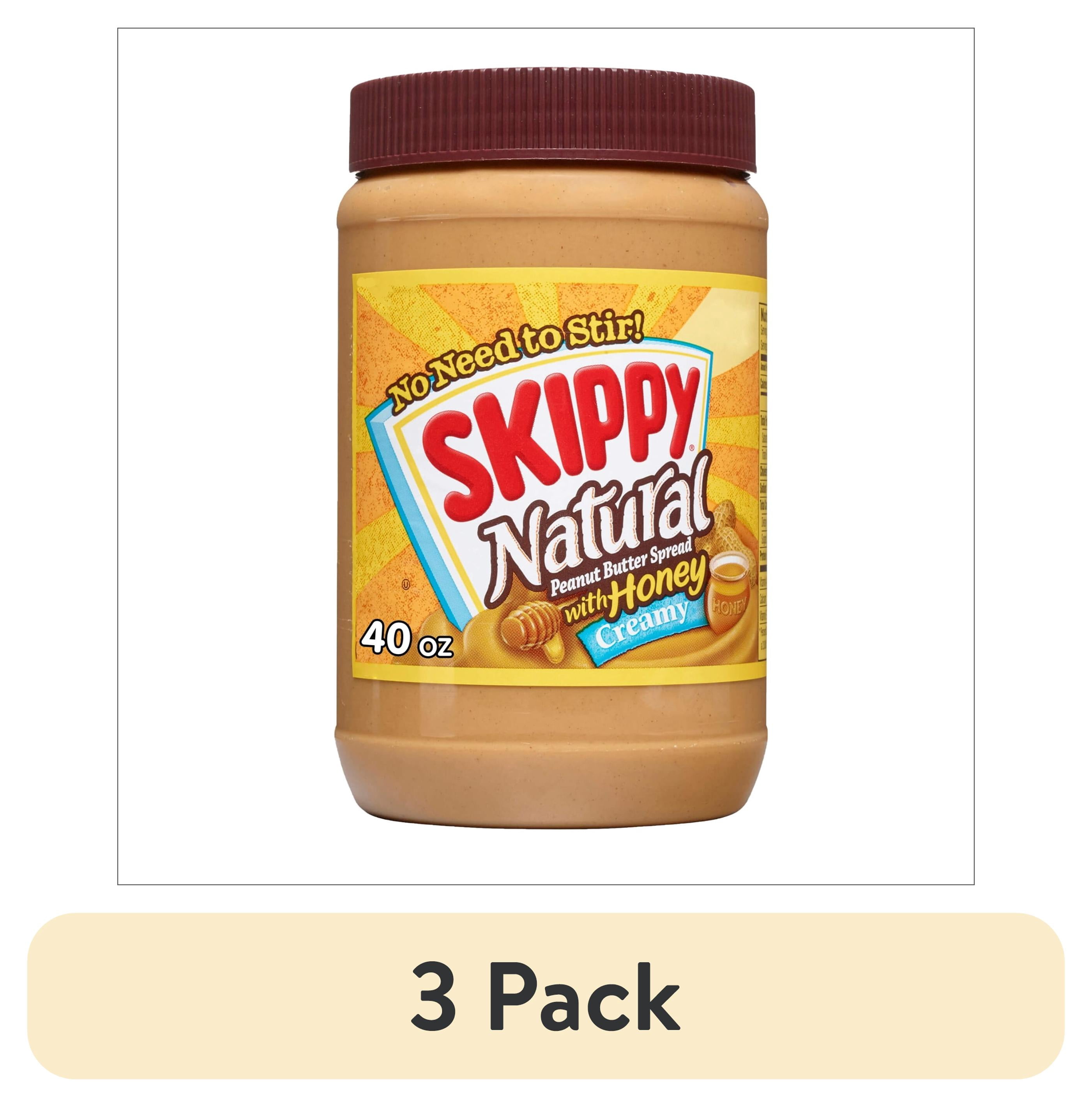 (3 pack) SKIPPY Natural Creamy Peanut Butter Spread with Honey, 6 g Protein Per Serving, Shelf-Stable, 40 oz Plastic Jar