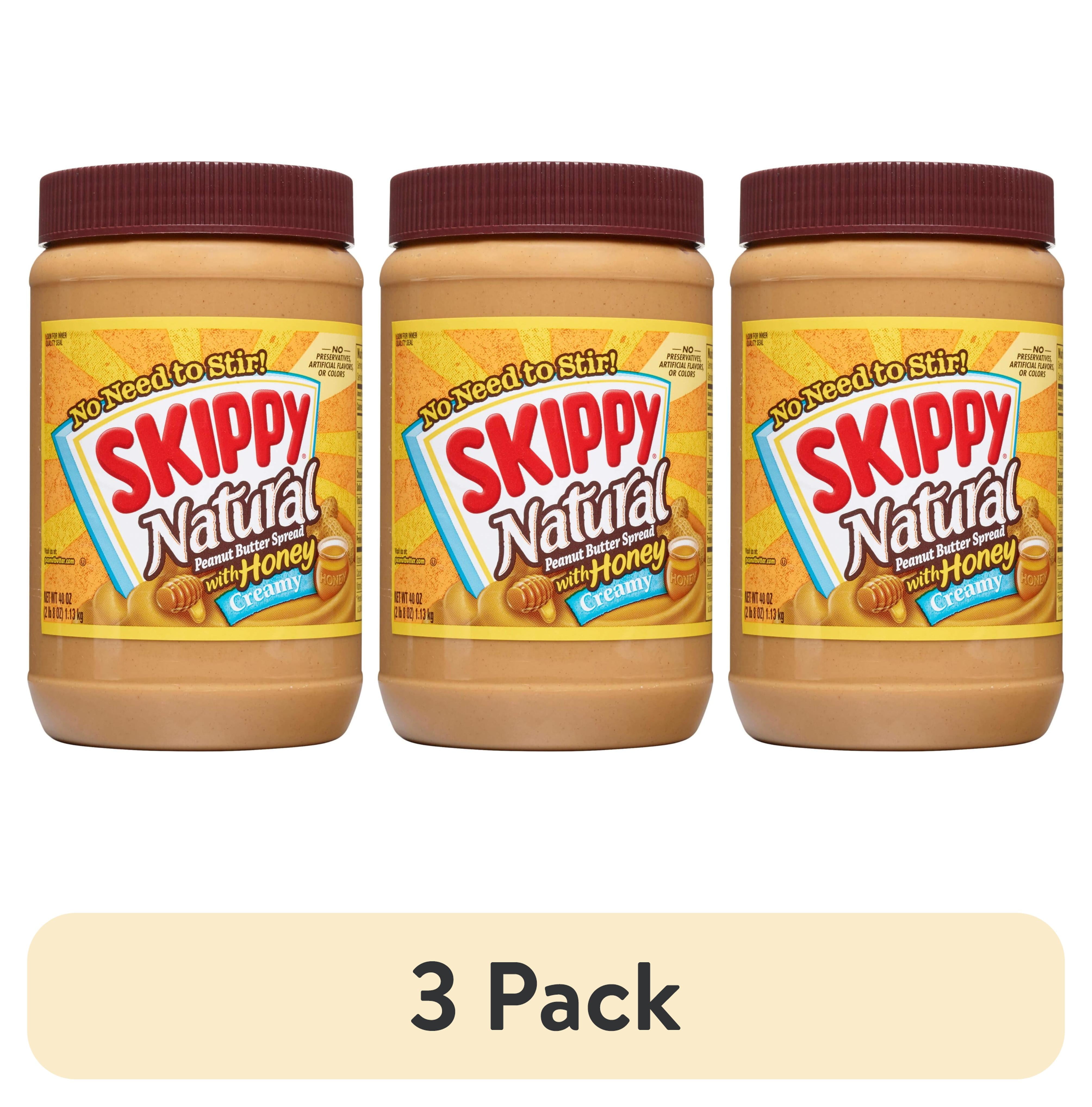 (3 pack) SKIPPY Natural Creamy Peanut Butter Spread with Honey, 6 g Protein Per Serving, Shelf-Stable, 40 oz Plastic Jar