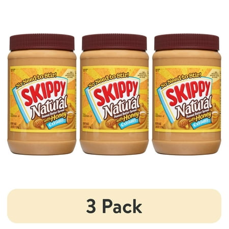 (3 pack) SKIPPY Natural Creamy Peanut Butter Spread with Honey, 6 g Protein Per Serving, Shelf-Stable, 40 oz Plastic Jar
