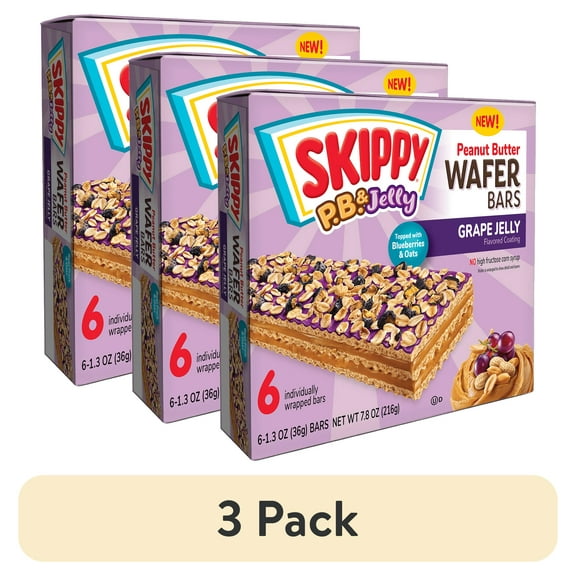 (3 pack) SKIPPY P.B. & Jelly Peanut Butter And Grape Jelly Coated Wafer Bars, 7.8 oz (216g), 6 Ct (36g)/Bar